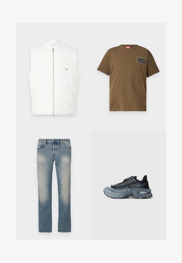 Chaleco blanco acolchado sin mangas con cremallera frontal y bolsillo en el pecho con un pequeño parche de la marca.; Camiseta de algodón marrón con cuello redondo, que presenta un parche gráfico negro en el lado izquierdo del pecho. Mangas cortas y dobladillo recto.; Vaqueros de corte recto en denim azul claro con zonas desgastadas, cinco bolsillos y cierre de botón. La tela muestra un leve desgaste y marcas de uso.; Zapatilla Diesel en negro y gris con suela gruesa, cierre de cordón y diseño texturizado sobre un fondo liso de color gris claro.