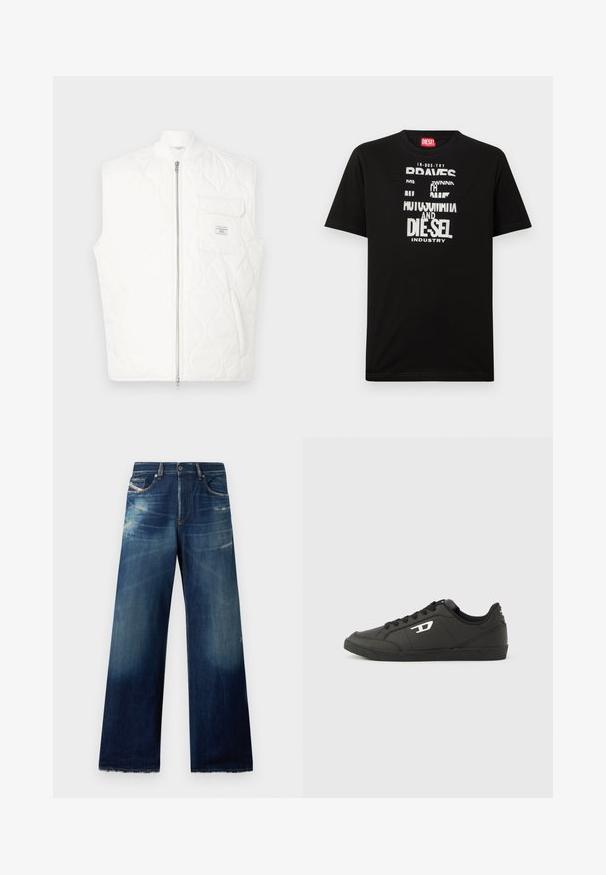 Hvid quiltet ærmeløs vest med foran lynlås og brystlomme med et lille mærkepatch.; Sort bomulds-T-shirt med fed hvide tekstgrafik, herunder "DIESEL" og "INDUSTRY", med rund halsudskæring og korte ærmer.; Bredde denim jeans i mørkeblå med slidte områder, distressed detaljer og flossede kanter. Fire lommer og knaplukning.; Sorte syntetiske sneakers med en struktureret sort sål, rund tå og flade sorte snørebånd. Fremtrædende hvidt logo på ydersiden.