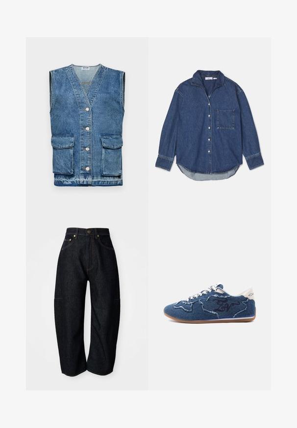 Denim-liivi vaaleansinisessä, hihaton malli jossa on V-pääntie, viisi nappia edessä ja kaksi etutaskua. Kulunut tekstuuri ja haalistuneet alueet ovat läsnä.; Tummansininen farkkutakki, jossa on kaulus, nappilukko, yksi rintatasku ja pitkähihaiset, kaarevalla hemillä. Pehmeä tekstuuri.; Tummat farkut rentoa leikkausta, joissa on hienovaraiset oranssit ompeleet, etutaskut ja litteä vyötärö nappikiinnityksellä.; Matala sininen denimpintainen tennari, jossa on rispaantuneet kohdat, valkoiset nauhat, konjakinvärinen pohja ja valkoinen kantapään lenkki, jossa on pieni kalasymboli.
