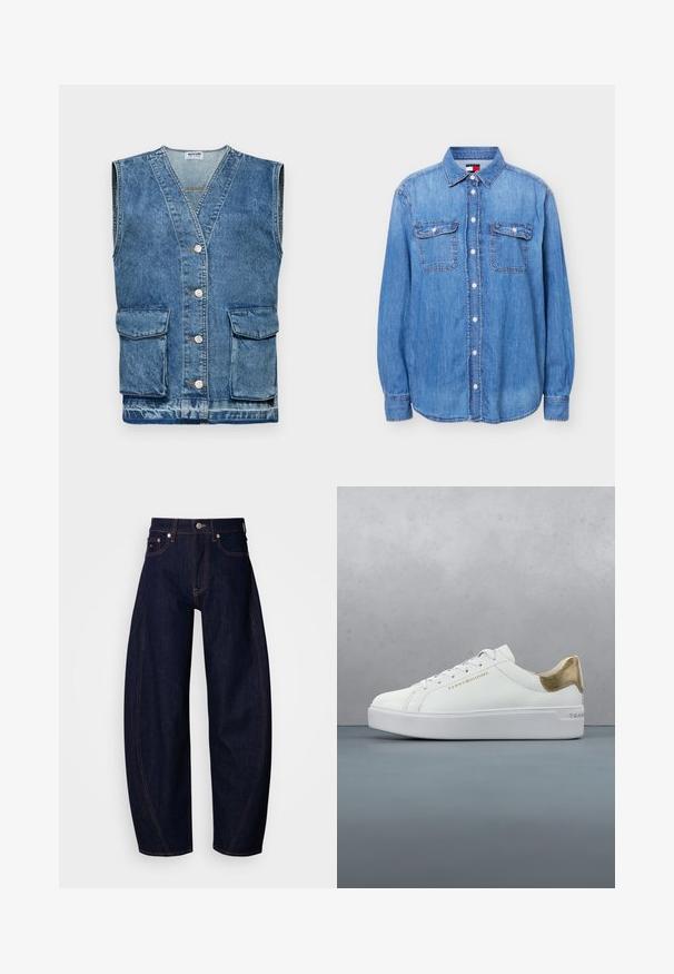 Heled sinine denim vest, ilma varrukateta disain, V-kaelusega, viis esistoonet ja kaks esikotti. Kulunud tekstuur ja pleekinud piirkonnad on kohal.; Hele sinine teksapluus pikkade varrukatega, kahe ees oleva lapakangaga tasku ja kraega, valgel taustal eksponeeritud.; Tumed sinised denimpüksid lahtise lõikega, kõrge vöökohaga, oranži õmblusega, klassikalise viie-tasku disaini ja nööpidega kinnitusega.; Valge nahast tennisetoss, millel on kuldne aksent kannas, lame tallaga ja sile tekstuuriga. Omab lamedat paela ja minimalistlikku brändingut küljel.