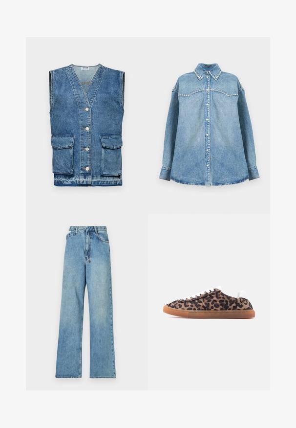 Heled sinine denim vest, ilma varrukateta disain, V-kaelusega, viis esistoonet ja kaks esikotti. Kulunud tekstuur ja pleekinud piirkonnad on kohal.; Helehall sinine teksasärk pikkade varrukatega, pärlitega kaunistatud krae ja õlastruktuuriga, eest nööbitav ja sirge äärega valgel taustal.; Heledad sinine teksapüksid, laia jalaga, keskelt kõrgema taljega, viie tasku ja nööbiga suletud, metallosadega ning kulunud välimusega.; Madala säärega toss, mille pealiskihil on pruunide ja mustade leopardimustriga kangas, valged paelad, valge kontsatoe ning läbipaistev kummist tald.