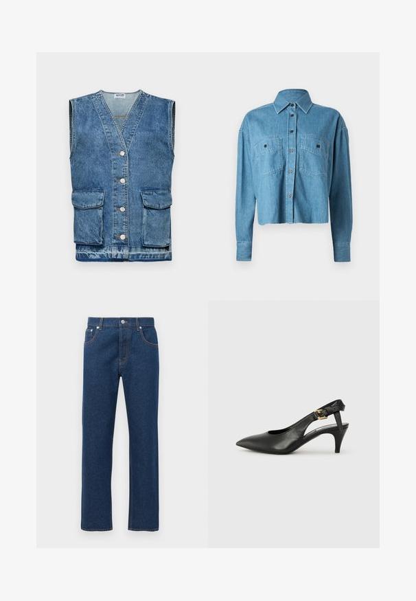 Heled sinine denim vest, ilma varrukateta disain, V-kaelusega, viis esistoonet ja kaks esikotti. Kulunud tekstuur ja pleekinud piirkonnad on kohal.; CLOSED CROPPED FRONT OVERSIZED - Nööpidega pluus - mid blue; Sirged püksid tumedast sinisest denimist, millel on ees ja taga taskud, vöökohad, nööbi sulgemine ning nähtav oranž õmblus.; Must musträkkidega must nahast slingback-kontsaking, millel on terav nina, väike konts ja pandla detail pahkluu rihmal. Sile tekstuur, minimalistlik disain.