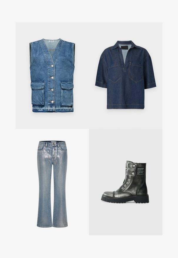 Denim-liivi vaaleansinisessä, hihaton malli jossa on V-pääntie, viisi nappia edessä ja kaksi etutaskua. Kulunut tekstuuri ja haalistuneet alueet ovat läsnä.; Tummansininen lyhythihainen denim-paita, jossa on leveä V-kaula-aukko, kaulus ja kaksi etutaskua, joissa näkyvät saumat.; Vaaleansiniset leveät farkut, joissa on kiiltävä metallipinnoite. Klassinen viiden taskun muotoilu ja nappisulku. Sujuva pinta.; Metalliväriset harmaat nahkasaappaat, joissa on paksu musta pohja, pyöreä kärki, sivussa soljella varustettu hihna ja hopeiset rei'itykset.