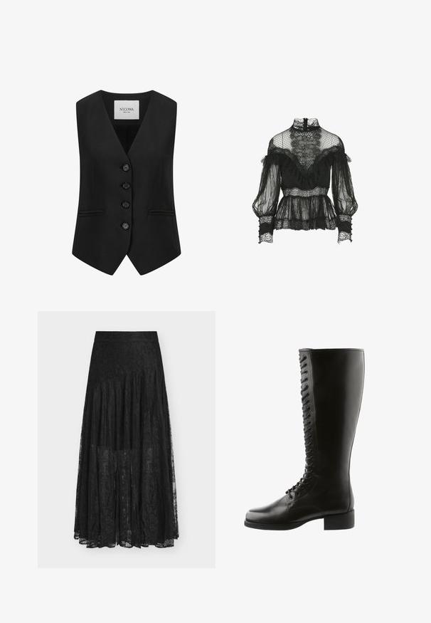 Zwart op maat gemaakt vest van stof met een gladde textuur. Kenmerkt zich door een V-hals, vijf knopen en twee voorkgzakken, ontworpen met een getailleerde silhouette.; Luisa Spagnoli Lauco- Blouse - Fashion Show - Blouse - nero; Zwarte kanten rok met een vloeiend, gelaagd ontwerp. Voorzien van een tailleband, delicate bloemmotieven en een doorschijnende textuur. De lengte reikt tot halverwege de kuit.; Zwarte leren laarzen tot de knie met een vetersluiting aan de voorkant, ronde neus en blokhak, met een gladde textuur en geen zichtbare patronen.