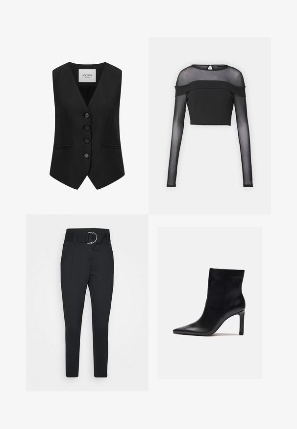 Zwart op maat gemaakt vest van stof met een gladde textuur. Kenmerkt zich door een V-hals, vijf knopen en twee voorkgzakken, ontworpen met een getailleerde silhouette.; Zwart cropped top met lange doorzichtige mouwen, een solide lichaam, ronde halslijn en off-shoulder ontwerp. Heeft een achtersluiting met een kleine lus.; Zwarte op maat gemaakte broek met een slim fit ontwerp, platte voorkant, twee zijzakken en een zilveren ronde gesp als accent.; Zign Enkellaarsjes met hoge hak - black