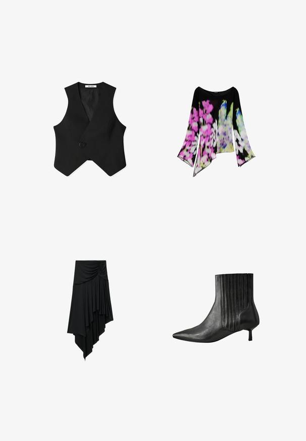 Zwarte mouwloze vest met een wikkelontwerp, enkele paarse knoopsluiting en een gestructureerde stof met een gladde binnenvoering.; Zwarte blouse met lange mouwen, een asymmetrische zoom en levendige bloemenprints in roze, wit, groen en blauw.; Zwarte asymmetrische rok met gerimpeld detail bij de taille en gelaagde gedrapeerde stof die een trapvormige zoom creëert.; Zwart leren enkellaars met een puntige neus, ribbelontwerp aan de zijkant en een lage, vierkante hak. Gladde textuur met een glanzende afwerking.