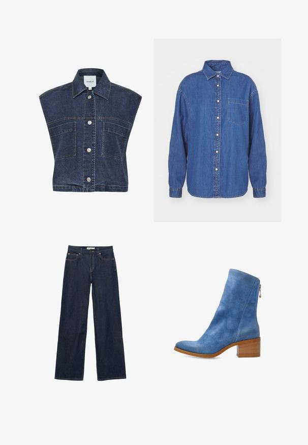Denim vest med en mørk vask, ærmeløs design, spids krave og sølvtrykknapper. Har to forlommer med topstikning.; Denimskjorte i mørkeblå, med knaplukning foran, krave og én brystlomme. Lange ærmer med knapmanchetter. Klassisk design.; Mørkeblå straight-leg denim jeans med for- og møntlomme, knaplukning og synlige sømme på hvid baggrund.; VENEZIA Støvletter - blue