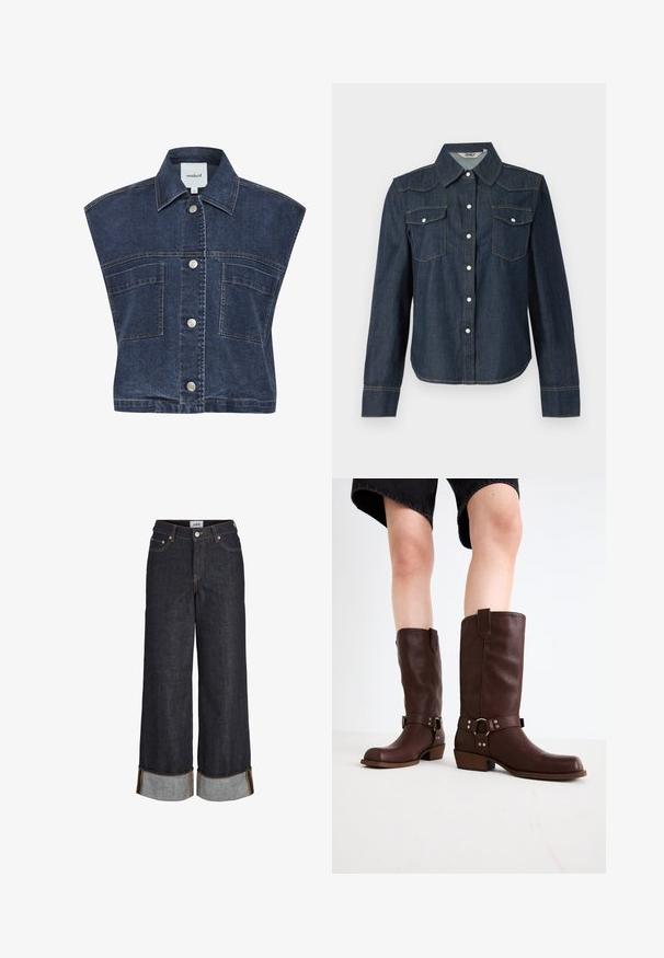 Denimweste mit dunkler Waschung, ärmellosem Design, spitzem Kragen und silbernen Druckknöpfen. Verfügt über zwei Vordertaschen mit Oberstoffnähten.; Dunkelblaue Jeanshemd mit langen Ärmeln, spitzem Kragen, zwei Brusttaschen und weißer Knopfleiste. Kontrastnähte an den Nähten.; Dunkelblaue Jeans mit weitem Bein, aufgeschlagenen Säumen, fünf Taschen und kontrastierenden gelben Nähten.; Braune kniehohe Stiefel aus Leder mit runder Zehenform, strukturiertem Obermaterial, Knöchelriemen und silbernen Hardware-Details; mit gestapeltem Absatz.