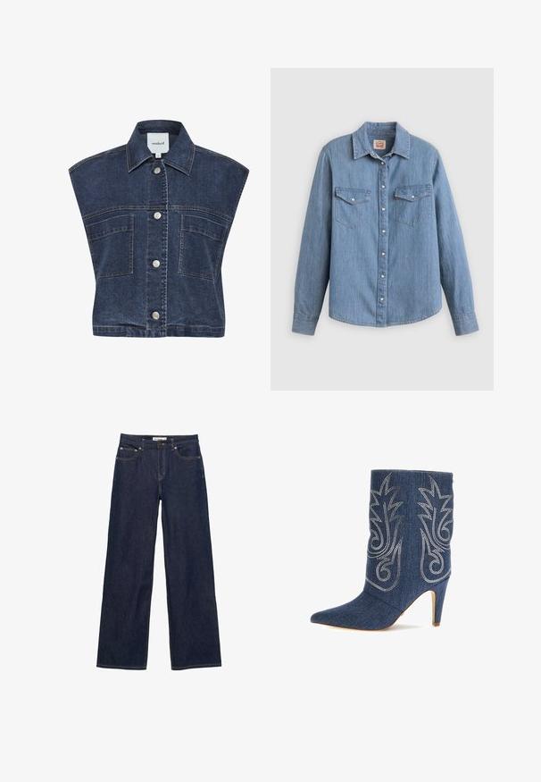 Denim vest med en mørk vask, ærmeløs design, spids krave og sølvtrykknapper. Har to forlommer med topstikning.; Lyseblå denimskjorte med lange ærmer, knapper foran, to brystlommer og klassisk krave. Glat tekstur og afslappet pasform.; Mørkeblå denim jeans med brede, lige ben, forlommer og lukning med knap og lynlås.; Denim ankelstøvle med spids tå, buet design, sølv dekorativ syning og 3-tommer stiletto hæl. Mørkeblå med struktureret finish.