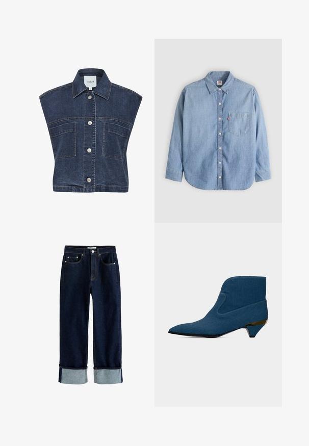 Denim vest med en mørk vask, ærmeløs design, spids krave og sølvtrykknapper. Har to forlommer med topstikning.; Lyseblå denimskjorte med button-down-krave, forlompe og lange ærmer. Har en buet kant og en subtil tekstur.; Mørkeblå denimjeans med opkrogede manchetter, femlomme-stil, synlige stikninger og knaplukning ved taljen.; Blå ankelstøvle med spids tå, lav kittenhæl med gulddetalje og et glat, sømløst design.