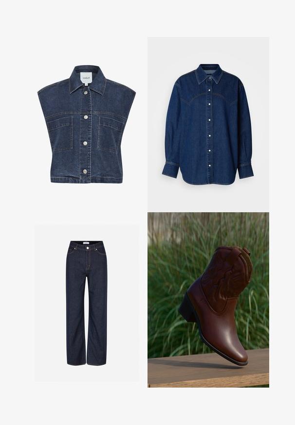 Denim vest med en mørk vask, ærmeløs design, spids krave og sølvtrykknapper. Har to forlommer med topstikning.; Mørkeblå denimskjorte med knaplukning foran, klassisk krave, lange ærmer og kontrasterende syninger over skuldrene.; Mørkeblå vide jeans lavet af denim, med store lommer, kontrasterende orange stikninger og en knaplukning i taljen.; Brun læder cowboystøvle med dekorative syninger, vinklet opad på en træflade med sløret grønt græs i baggrunden.