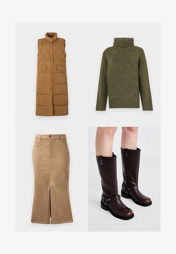Lang, ærmeløs brun puffer vest med diamant quiltet mønster, høj krave, front snap lukning og to forreste lomme.; Vero Moda Knitted VMINGRID Knitted - Striktrøje - grape leaf; Brun ruskind midi-skirt med slids foran, kontrasterende syninger og fem-lomme design. Glat tekstur og tætsiddende facon.; Brune læder knæ-høje støvler med en glat tekstur, der har en bred rem og trekantede metal detaljer samt flade gummisåler.