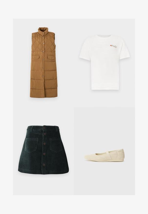 Lang, ærmeløs brun puffer vest med diamant quiltet mønster, høj krave, front snap lukning og to forreste lomme.; Hvid bomulds-t-shirt med korte ærmer. Har små, flerfarvede blomsterbroderier på venstre bryst. Klassisk rund hals.; Mørkegrøn kordskørt med frontknapper, to store frontlommer og bæltestropper, præsenteret på hvid baggrund.; Lysebrune ballet flats med en glat læderoverflade, mandelformet tå og elastisk rem over vristen, med diskrete syninger.