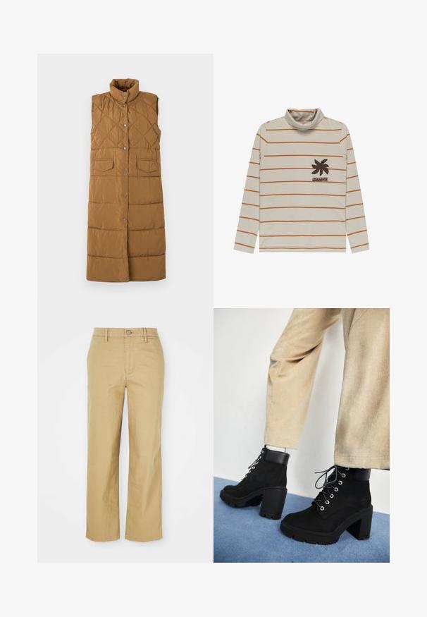 Lang, ærmeløs brun puffer vest med diamant quiltet mønster, høj krave, front snap lukning og to forreste lomme.; Cremefarvet langærmet turtleneck bluse med orange horisontale striber og et palmetræsgrafik i mørkebrune nuancer på venstre bryst. Blødt stof.; Beige bomuldsbukser med lige ben design. Har en knaplukning, bæltestropper og frontlommer, letvægts tekstur.; Sorte ruskind ankelstøvler med en klodset hæl, rund tå og sølvøjer, der har en mat sort læderkrave og struktureret sål.