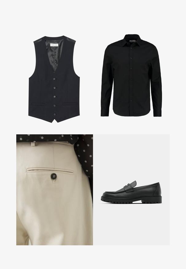 Gilet noir avec un décolleté en V, six boutons sur le devant, deux poches latérales et une doublure intérieure lisse. Le matériau a une finition texturée.; Chemise noire à manches longues en tissu lisse, dotée d'un devant à boutons, d'un col pointu et d'une coupe ajustée avec un ourlet courbé.; Pantalon beige en tissu texturé avec une poche arrière fermée par un bouton noir. Finitions de couture discrètes le long de la poche.; Mocassins en cuir noir à bout arrondi, avec un design cousu, une semelle plateforme basse et une semelle en caoutchouc texturée et crantée.