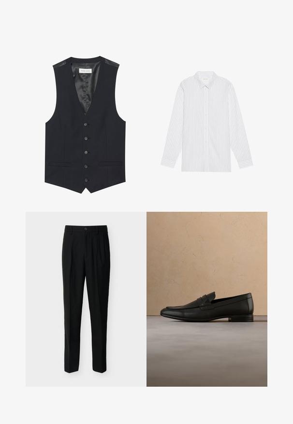Gilet noir avec un décolleté en V, six boutons sur le devant, deux poches latérales et une doublure intérieure lisse. Le matériau a une finition texturée.; Chemise blanche à boutons avec de fines rayures verticales noires, dotée d'un col classique et de manches longues avec des poignets à boutons.; Pantalon noir taille haute, ajusté, avec passants de ceinture, plis à l'avant, poches latérales et fermeture boutonnée avec zip.; Mocassin en cuir noir flottant au-dessus d'un tapis beige avec un canapé beige dans un intérieur minimaliste.