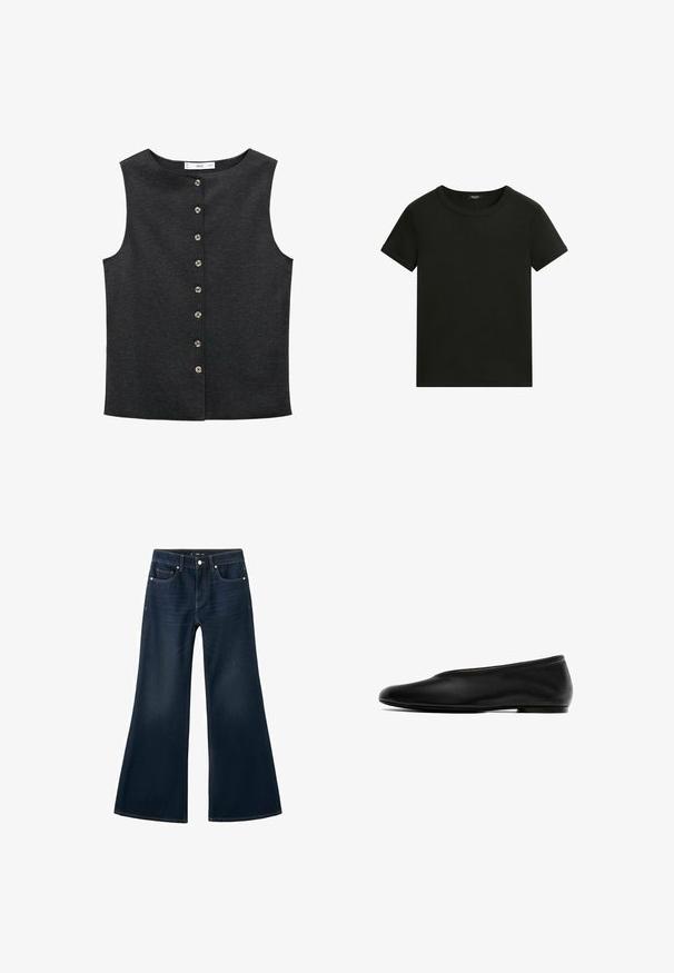Mørkegrå ærmeløs top lavet af et glat stof. Har en rund halsudskæring og seks металiske knapper foran til lukning.; Enkel sort kortærmet t-shirt med rund hals og simpel, tætsiddende pasform mod en hvid baggrund.; Mørkeblå denimflared jeans med høj talje, fem lommer og kontrastsyninger. Glat tekstur med bred benåbning.; Sort flad sko med glat læderoverflade, rundet tå, lav profil, minimal detaljering og fleksibel sål.