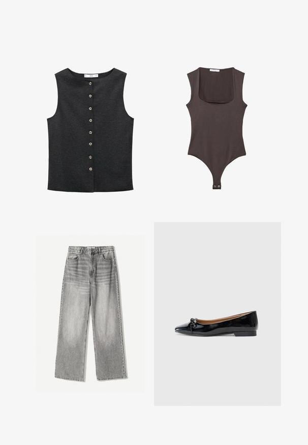 Mørkegrå ærmeløs top lavet af et glat stof. Har en rund halsudskæring og seks металiske knapper foran til lukning.; Brun ærmeløs bodysuit med firkantet hals, lavet af blødt stof. Har en snap-lukning i bunden og en tætsiddende silhuet.; VIDEAJEANS i falmet sort denim med høj talje, der har fem lomme design og kontrasterende syning for tekstur.; Sorte patenterede læderballetsko med spidse tæer, lille sløjfedetail foran og en lav, firkantet hæl. Glat, skinnende tekstur.