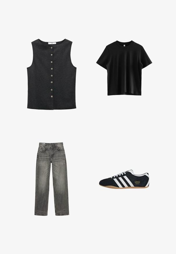 Mørkegrå ærmeløs top lavet af et glat stof. Har en rund halsudskæring og seks металiske knapper foran til lukning.; Sort kortærmet t-shirt lavet af glat stof; har en klassisk rund halsudskæring og en afslappet pasform uden synlige logoer eller dekorationer.; Grå denim jeans med afslappet pasform, som har fem lommer, diskret falmning og et lige ben design. Klassisk talje med bæltesløjfer.; Sort ruskinds sneaker med hvide tre striber, guldlogo og en brun gummisål. Har et lavprofil snørebåndsdesign.