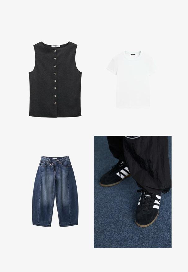 Mørkegrå ærmeløs top lavet af et glat stof. Har en rund halsudskæring og seks металiske knapper foran til lukning.; Hvid t-shirt med korte ærmer og rund halsudskæring, lagt fladt på en hvid baggrund.; Blå vidde jeans med hög talje og asymmetrisk dobbeltknaplukning, vist på hvid baggrund.; Sorte suedetrainingssko med tre hvide striber og sorte snørebånd. Et tekstureret sort bukser er delvist synligt ved siden af skoene.