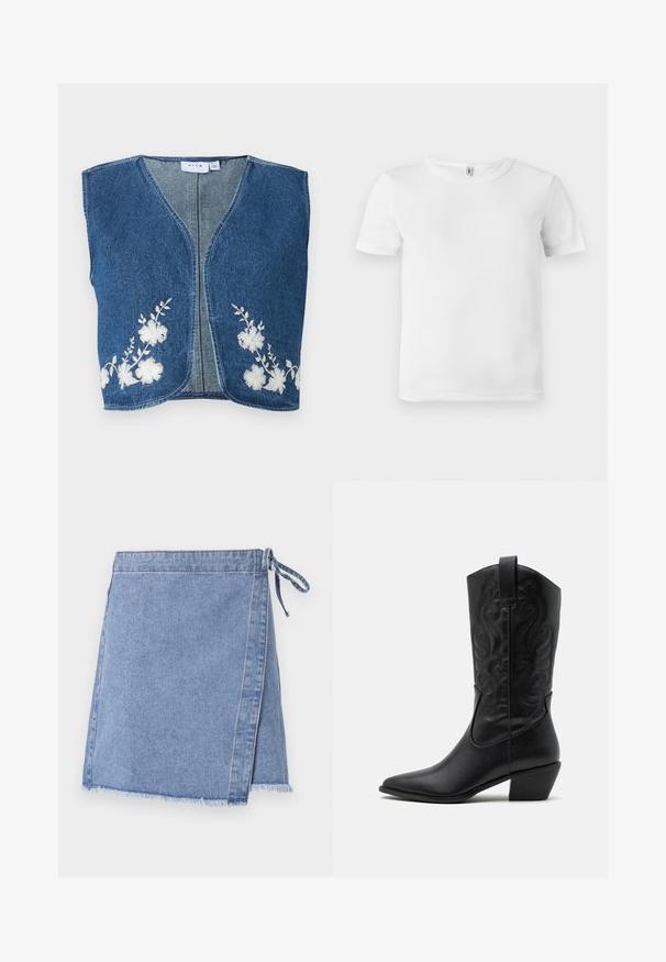 Chaleco de mezclilla con escote en V, adornado con bordado floral blanco a ambos lados. Tejido azul de textura media y bordes sin terminar.; Camiseta blanca de manga corta con textura acanalada. Cuello redondo clásico, sin logotipos ni patrones visibles, y un diseño simple y limpio.; Falda en denim de color azul claro, con un cierre atado, dobladillo deshilachado y un corte recto con una ligera forma de A.; Botas de vaquero de cuero negro con punta afilada, patrones en relieve en espiral y un tacón de altura media. Presentan una lengüeta para facilitar el uso.