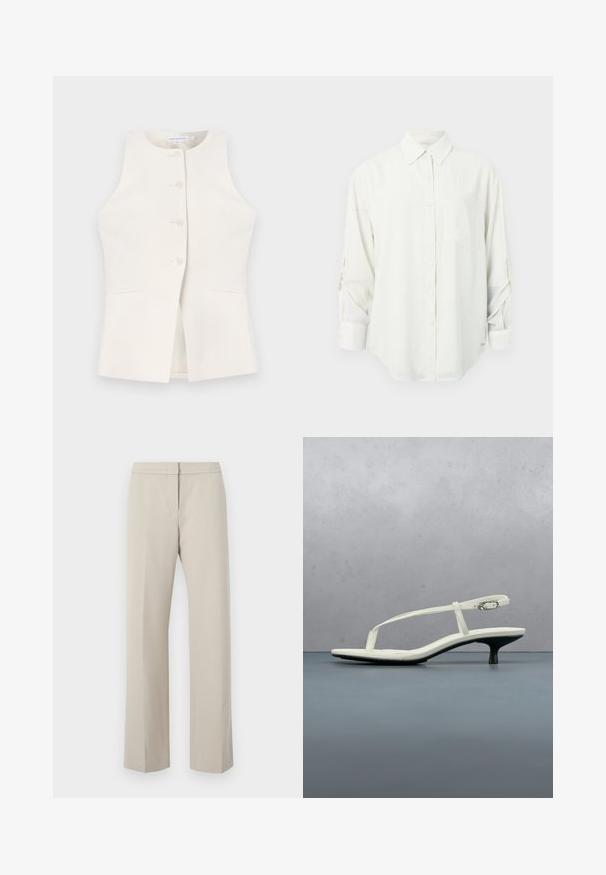 Good American LUXE SUITING SCULPTED - Γιλέκο - cloud white; Λευκό πουκάμισο με μακριά μανίκια και κουμπιά, με γιακά, μία τσέπη στο στήθος και γυρισμένα μανίκια. Μαλακό, λείο ύφασμα και άνετη εφαρμογή.; Μπεζ παντελόνι ίσιου σχεδίου με επίπεδο μπροστινό μέρος και χωρίς ορατές μεταλλικές λεπτομέρειες ή σχέδια. Φτιαγμένο από λείο ύφασμα, με καθαρή κοπή.; Λευκό σανδάλι με λουράκια και τακούνι kitten, με μυτερή μύτη, αιωρούμενο πάνω από ξύλινο πλακάκι σε εξωτερικό χώρο με θολό φόντο από φυτό και τοίχο.