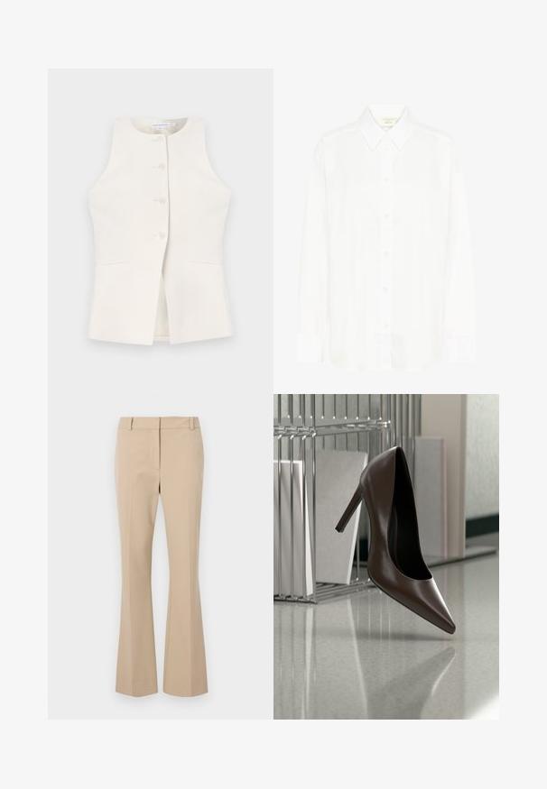 Good American LUXE SUITING SCULPTED - Γιλέκο - cloud white; Λευκό μακρυμάνικο πουκάμισο με κλασικό γιακά και κανονική εφαρμογή. Κατασκευασμένο από λείο ύφασμα, με οκτώ κουμπιά μπροστά.; beige ραμμένα παντελόνια με ίσια γραμμή, που διαθέτουν επίπεδο μπροστινό μέρος, θηλιές για ζώνη και απαλό υφή. Χωρίς ορατές τσέπες ή σχέδια.; Σκούρο καφέ γυναικείο παπούτσι με ψηλό τακούνι από δέρμα, αιωρούμενο πάνω από ανακλαστικό πάτωμα κοντά σε μεταλλική ραφιέρα με λευκές επιφάνειες σε δωμάτιο.