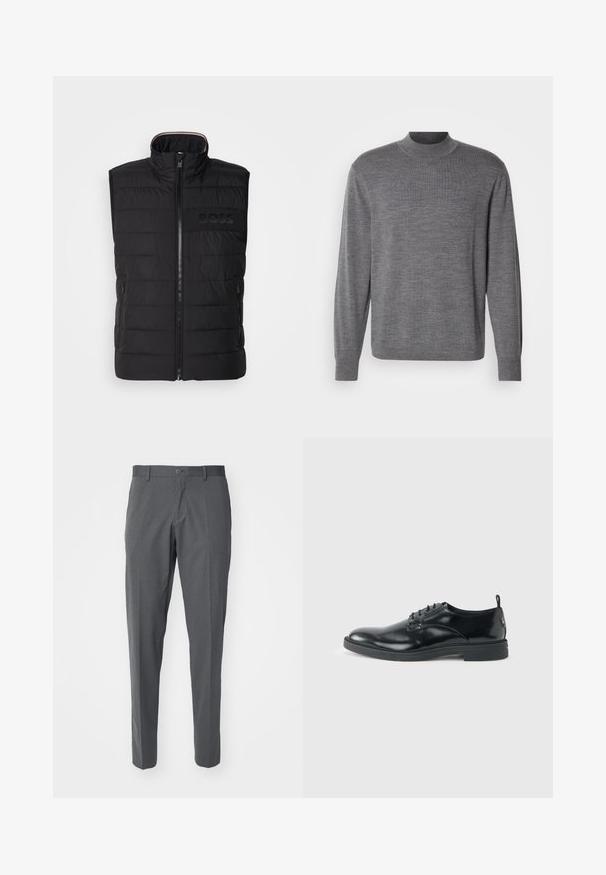 Sort ærmeløs vest med quiltet tekstur, høj krave og frontlynlås. Har et diskret tonalt "BOSS"-logo på brystet og sidelommer.; Grå langærmet sweater lavet af strikket materiale, med en høj hals og et subtilt logo på brystet. Glat tekstur og tætsiddende design.; Grå bukser lavet af et glat stof, der har en knaplukning, forlommer og en slim fit-design.; Blank sort læder dresssko med lav hæl, snørelukning og rund tå, vist fra siden på ensfarvet lys baggrund.