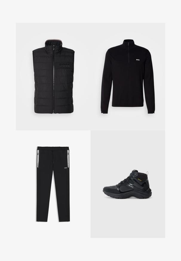 Sort ærmeløs vest med quiltet tekstur, høj krave og frontlynlås. Har et diskret tonalt "BOSS"-logo på brystet og sidelommer.; Sort langærmet pullover med halvlukket lynlås ved kraven, med ribbet tekstur og hvid "BOSS"-logo på brystet. Blød stoffinish.; Sorte slim-fit joggingbukser med snøre i taljen, lynlåslommer på siden med hvide stribe-accenter og lille "BOSS" logo på højre lår.; Sort højtop-sneaker med teksturerede paneler, mærket "Hugo" på siden, snørelukning og "Hydroguard" label nær anklen.