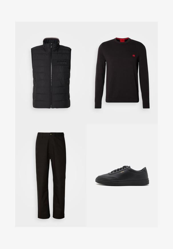 Sort ærmeløs vest med quiltet tekstur, høj krave og frontlynlås. Har et diskret tonalt "BOSS"-logo på brystet og sidelommer.; Sort crewneck sweatshirt lavet af blødt stof, med lange ærmer, ribbede manchetter og et lille rødt logo-patch på brystet.; Sorte bomuldsbukser med lige pasform, bæltestropper, lynlås foran og en enkelt knappelukning. Glat tekstur uden synlige mønstre.; Sorte lædersneakers med en glat overflade, rund tå, flad gummisål og tonede snørebånd. Udstyret med guld "BOSS" branding på siden.