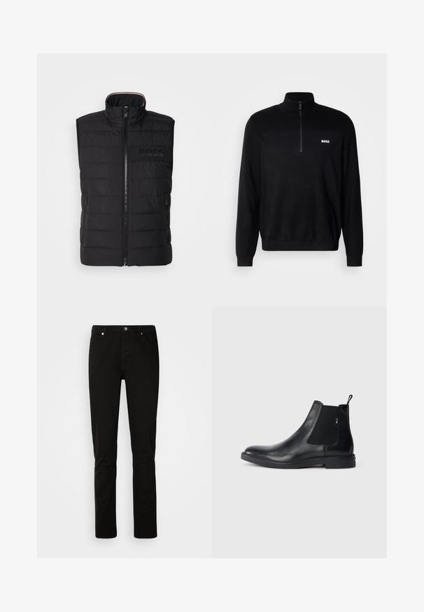 Schwarze ärmellose Weste mit gestepptem Muster, hohem Kragen und Frontreißverschluss. Verfügt über ein dezentes tonal "BOSS"-Logo auf der Brust sowie seitliche Taschen.; Schwarzer Pullover mit Halbzip-Kragen, der eine gerippten Struktur an den Schultern und ein kleines weißes "BOSS"-Logo auf der Brust aufweist.; Schwarze Jeans mit geradem Bein, vorne mit Knopf- und Reißverschluss, Vorder- und Gesäßtaschen, dargestellt vor einem schlichten hellen Hintergrund.; Schwarze Leder Chelsea-Boots mit elastischen seitlichen Einsätzen, einer Zugschlaufe und einer flachen Gummisohle. Glatte Textur mit minimaler Ausgestaltung.