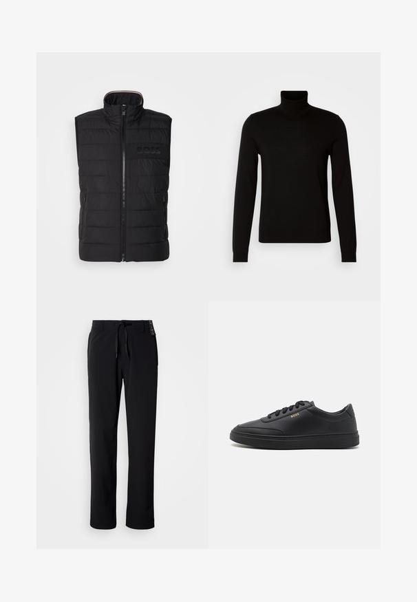 Schwarze ärmellose Weste mit gestepptem Muster, hohem Kragen und Frontreißverschluss. Verfügt über ein dezentes tonal "BOSS"-Logo auf der Brust sowie seitliche Taschen.; Schwarzer Rollkragenpullover aus feiner Strickware, mit langen Ärmeln und taillierter Silhouette. Glatte Textur mit gerippten Bündchen.; Schwarze, leichte Hose mit geradem Bein. Verfügt über einen Tunnelzugbund und eine glatte Textur. Geeignet für legere Kleidung.; Schwarze Leder-Sneaker mit glatter Textur, runder Zehenpartie, flacher Gummisohle und einfarbigen Schnürsenkeln. Mit goldfarbenem "BOSS" Logo an der Seite.