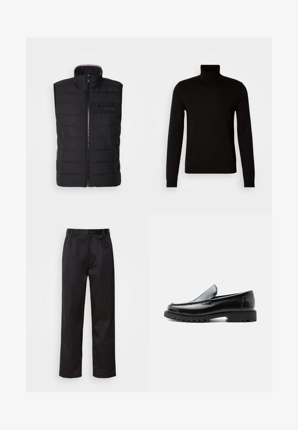 Chaleco sin mangas negro con textura acolchada, cuello alto y cremallera frontal. Presenta un sutil logo "BOSS" a tono en el pecho y bolsillos laterales.; Suéter negro de cuello alto confeccionado en un tejido de punto fino, con mangas largas y una silueta ajustada. Textura suave con puños acanalados.; Pantalones negros de tela suave, con cierre delantero de botón, pliegues y patas rectas. Sin patrones ni acentos visibles.; Mocasín de cuero negro con suela de goma gruesa, empeine cosido y nombre de la marca en relieve en el talón, mostrado en perfil lateral sobre fondo blanco.