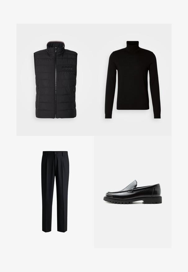 Chaleco sin mangas negro con textura acolchada, cuello alto y cremallera frontal. Presenta un sutil logo "BOSS" a tono en el pecho y bolsillos laterales.; Suéter negro de cuello alto confeccionado en un tejido de punto fino, con mangas largas y una silueta ajustada. Textura suave con puños acanalados.; Pantalones negros de tela suave, con un diseño de pierna recta, pliegues en la parte delantera y cierre de botón con trabillas para cinturón.; Mocasín de cuero negro con suela de goma gruesa, empeine cosido y nombre de la marca en relieve en el talón, mostrado en perfil lateral sobre fondo blanco.