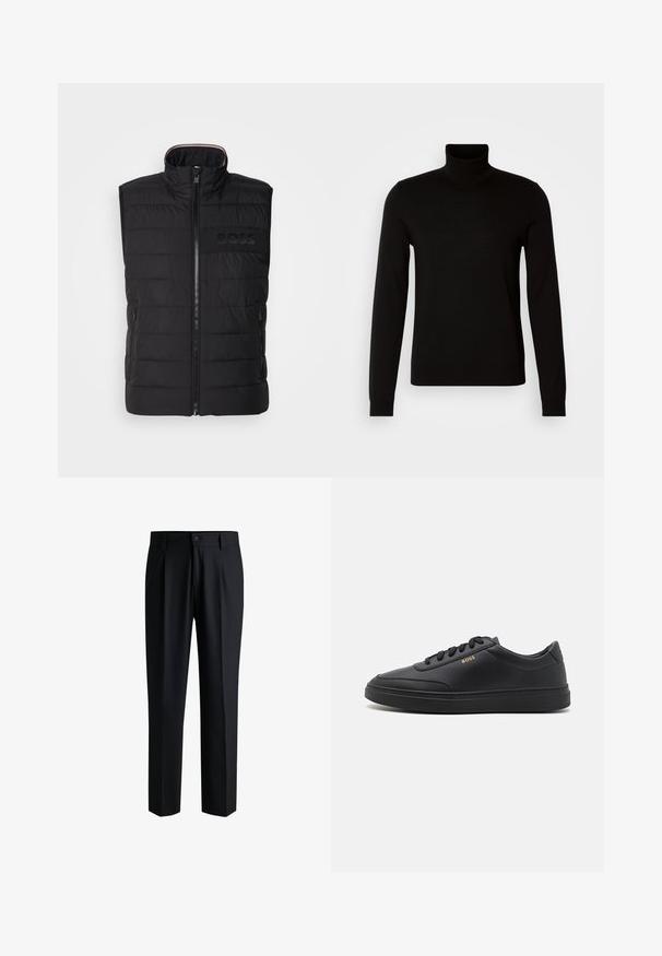 Sort ærmeløs vest med quiltet tekstur, høj krave og frontlynlås. Har et diskret tonalt "BOSS"-logo på brystet og sidelommer.; Sort turtleneck sweater lavet af et fint strikket stof, der har lange ærmer og en tætsiddende silhuet. Glat tekstur med ribbede manchetter.; Sorte bukser lavet af glat stof, med lige ben-design, plisseringer foran og knaplukning med bæltestropper.; Sorte lædersneakers med en glat overflade, rund tå, flad gummisål og tonede snørebånd. Udstyret med guld "BOSS" branding på siden.