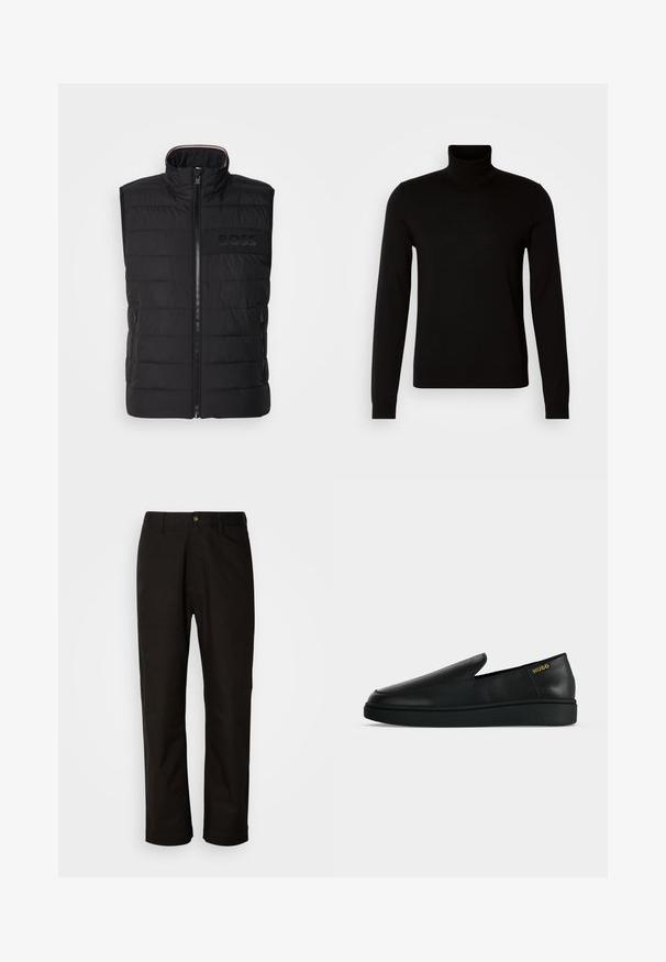 Chaleco sin mangas negro con textura acolchada, cuello alto y cremallera frontal. Presenta un sutil logo "BOSS" a tono en el pecho y bolsillos laterales.; Suéter negro de cuello alto confeccionado en un tejido de punto fino, con mangas largas y una silueta ajustada. Textura suave con puños acanalados.; Pantalones de algodón negros con corte recto, presillas para el cinturón, cremallera frontal y un solo botón de cierre. Textura suave sin patrones visibles.; Zapato negro de cuero sin cordones con suela gruesa y marca "HUGO" en dorado cerca del talón sobre un fondo liso gris claro.