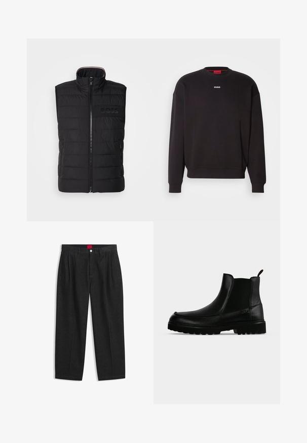 Schwarze ärmellose Weste mit gestepptem Muster, hohem Kragen und Frontreißverschluss. Verfügt über ein dezentes tonal "BOSS"-Logo auf der Brust sowie seitliche Taschen.; Schwarzes Sweatshirt aus Baumwollmischung mit Rundhalsausschnitt, überschnittenen Schultern und einem kleinen weißen "HUGO"-Logo auf der Brust.; Schwarze Hose mit hoher Taille, vorderen Falten, Gürtelschlaufen, Knopf- und Reißverschluss sowie einem roten Etikett innen am Bund.; Schwarzer Lederknöchelstiefel mit strukturierter Sohle, elastischen Seitenteilen und Zuglasche vor einem hellgrauen Hintergrund.