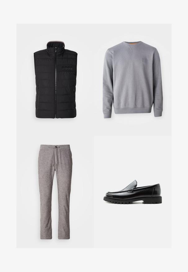 Chaleco sin mangas negro con textura acolchada, cuello alto y cremallera frontal. Presenta un sutil logo "BOSS" a tono en el pecho y bolsillos laterales.; Sudadera gris de cuello redondo hecha de un material suave. Presenta puños y dobladillo de canalé, así como un pequeño parche con logo en el pecho. Textura suave.; Pantalones de mezcla de lino de color gris claro con un ajuste relajado, cinturilla elástica y cierre con cordón. Presenta una textura sutil y un diseño de pierna recta.; Mocasín de cuero negro con suela de goma gruesa, empeine cosido y nombre de la marca en relieve en el talón, mostrado en perfil lateral sobre fondo blanco.