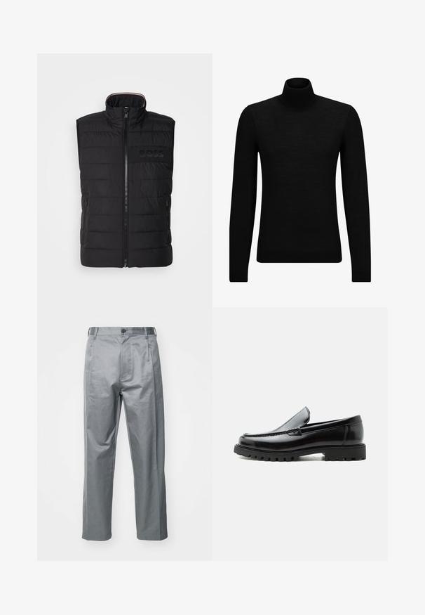 Sort ærmeløs vest med quiltet tekstur, høj krave og frontlynlås. Har et diskret tonalt "BOSS"-logo på brystet og sidelommer.; Sort turtleneck sweater lavet af blødt materiale, med lange ærmer og en tætsiddende pasform. Ribbet trim ved kanten og manchetter. Simpelt design.; Grå bomuldsblandede bukser med lige ben-design, der har en frontknaplukning, bæltestropper og sidelommer.; Sort læderloafer med chunky gummisål, syet overdel og præget mærkenavn på hælen, vist i sideprofil på hvid baggrund.