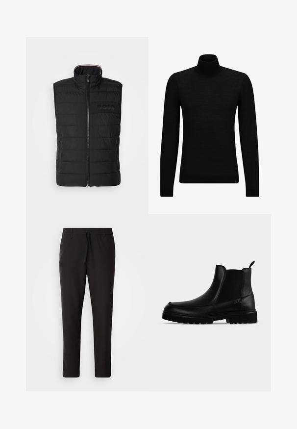 Gilet sans manches noir avec texture matelassée, col montant et fermeture éclair sur le devant. Présente un logo "BOSS" ton sur ton discret sur la poitrine et des poches latérales.; Pull à col roulé noir en matériau doux, avec des manches longues et une coupe ajustée. Finition côtelée au bas et aux poignets. Design simple.; Pantalons de jogging noirs en tissu lisse. Dotés d'une taille élastique avec cordon de serrage, jambes fuselées, et sans poches visibles. Design simple.; Bottine noire en cuir avec semelle texturée, panneaux latéraux élastiques et languette de tirage sur fond gris clair.