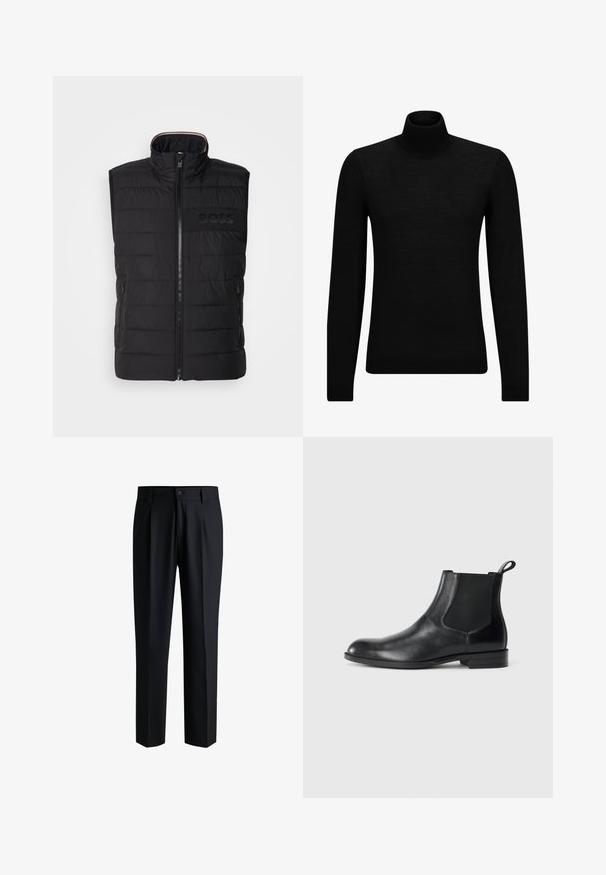 Schwarze ärmellose Weste mit gestepptem Muster, hohem Kragen und Frontreißverschluss. Verfügt über ein dezentes tonal "BOSS"-Logo auf der Brust sowie seitliche Taschen.; Schwarzer Rollkragenpullover aus weichem Material mit langen Ärmeln und enger Passform. Rippbesatz am Saum und an den Bündchen. Einfaches Design.; Schwarze Hose aus glattem Stoff, mit geradem Bein-Design, Falten vorne und einem Knopfverschluss mit Gürtelschlaufen.; Schwarze Leder-Stiefelette mit elastischen Seiteneinsätzen, abgerundeter Zehenpartie und einem Zugschlauf. Glatte Textur, flache Sohle, minimalistisches Design.