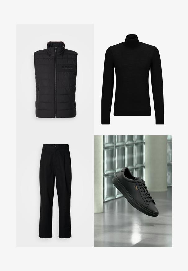 Schwarze ärmellose Weste mit gestepptem Muster, hohem Kragen und Frontreißverschluss. Verfügt über ein dezentes tonal "BOSS"-Logo auf der Brust sowie seitliche Taschen.; Schwarzer Rollkragenpullover aus weichem Material mit langen Ärmeln und enger Passform. Rippbesatz am Saum und an den Bündchen. Einfaches Design.; Schwarze gerade geschnittene Hosen mit einem Knopfverschluss, Gürtelschlaufen und Vorderfalten, vor einem schlichten weißen Hintergrund präsentiert.; Schwarzer flacher Ledersneaker mit schwarzen Schnürsenkeln und goldenem BOSS-Logo an der Seite, schwebend über einem glänzenden grauen Boden in einem modernen Innenraum.