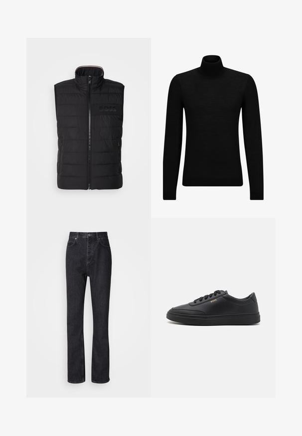 Schwarze ärmellose Weste mit gestepptem Muster, hohem Kragen und Frontreißverschluss. Verfügt über ein dezentes tonal "BOSS"-Logo auf der Brust sowie seitliche Taschen.; Schwarzer Rollkragenpullover aus weichem Material mit langen Ärmeln und enger Passform. Rippbesatz am Saum und an den Bündchen. Einfaches Design.; Hochtaillierte schwarze Jeans aus Denim mit Knopf- und Reißverschluss, Vorder- und Hintertaschen sowie einer geraden Passform.; Schwarze Leder-Sneaker mit glatter Textur, runder Zehenpartie, flacher Gummisohle und einfarbigen Schnürsenkeln. Mit goldfarbenem "BOSS" Logo an der Seite.