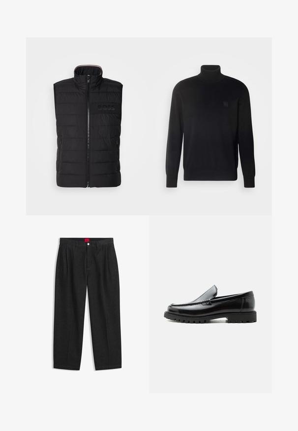 Schwarze ärmellose Weste mit gestepptem Muster, hohem Kragen und Frontreißverschluss. Verfügt über ein dezentes tonal "BOSS"-Logo auf der Brust sowie seitliche Taschen.; Schwarzer Rollkragenpullover mit langen Ärmeln, geripptem Kragen und Bündchen, aus einem glatten Stoff gefertigt. Mit einem kleinen Logo-Patch auf der Brust.; Schwarze Hose mit hoher Taille, vorderen Falten, Gürtelschlaufen, Knopf- und Reißverschluss sowie einem roten Etikett innen am Bund.; Schwarzer Lederloafer mit grober Gummisohle, genähter Oberseite und geprägtem Markennamen an der Ferse, seitlich auf weißem Hintergrund gezeigt.
