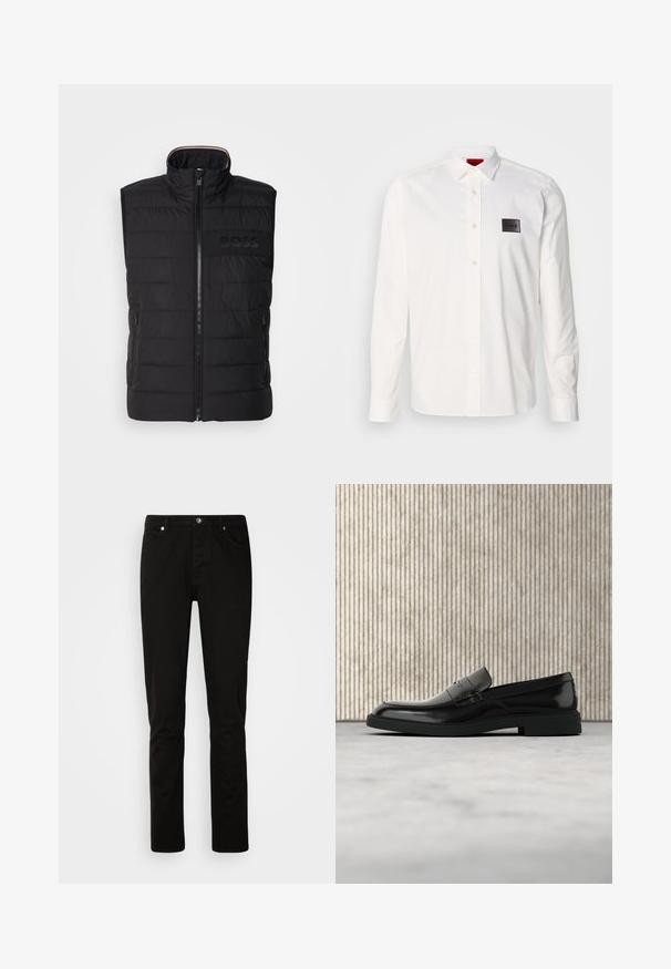 Gilet sans manches noir avec texture matelassée, col montant et fermeture éclair sur le devant. Présente un logo "BOSS" ton sur ton discret sur la poitrine et des poches latérales.; Chemise blanche à manches longues en coton, dotée d'un col boutonné, d'une patte de boutonnage avant et d'un patch logo noir sur la poitrine gauche.; Jeans noirs à jambe droite avec fermeture devant par bouton et fermeture éclair, poches avant et arrière, présentés sur un fond clair uni.; Mocassin en cuir noir poli flottant au-dessus d'un tapis beige avec un mobilier translucide orange en arrière-plan.