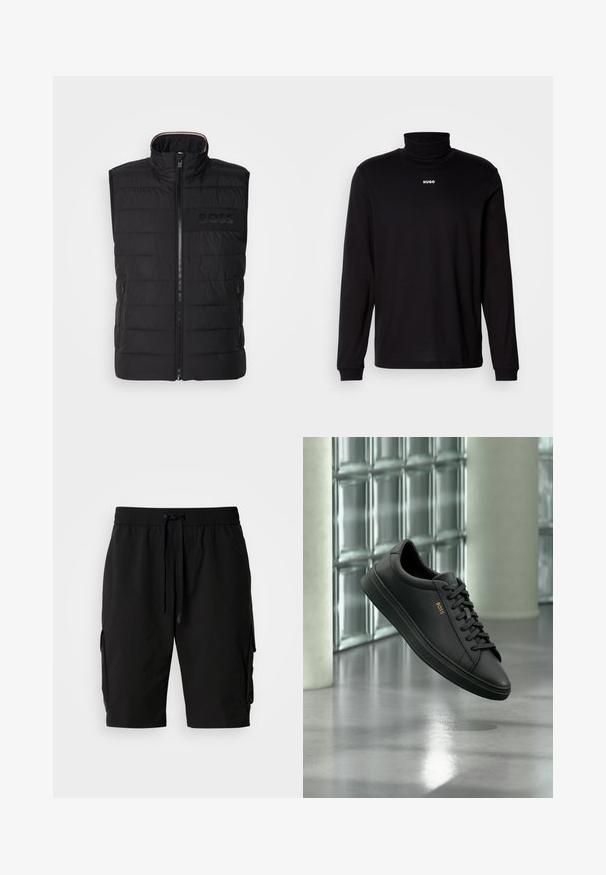 Sort ærmeløs vest med quiltet tekstur, høj krave og frontlynlås. Har et diskret tonalt "BOSS"-logo på brystet og sidelommer.; Sort langærmet turtleneck skjorte lavet af glat stof, med et hvidt "HUGO" logo på brystet, samt tætsiddende manchetter og kant.; Sorte cargo shorts lavet af letvægtsstof, med elastisk talje, snor og sidelommer til ekstra opbevaring.; Sort lavtopet lædersneaker med sorte snørebånd og gyldent BOSS-logo på siden, svævende over en blank grå gulv i et moderne indendørs rum.