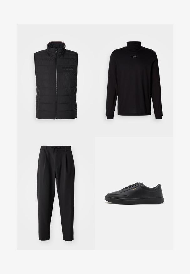 Sort ærmeløs vest med quiltet tekstur, høj krave og frontlynlås. Har et diskret tonalt "BOSS"-logo på brystet og sidelommer.; Sort langærmet turtleneck skjorte lavet af glat stof, med et hvidt "HUGO" logo på brystet, samt tætsiddende manchetter og kant.; Sorte tapered bukser med elastisk talje og snor. Glat stof med en let tekstur, udstyret med læg og sidelommer.; Sorte lædersneakers med en glat overflade, rund tå, flad gummisål og tonede snørebånd. Udstyret med guld "BOSS" branding på siden.