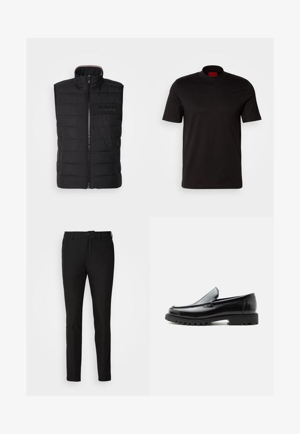 Sort ærmeløs vest med quiltet tekstur, høj krave og frontlynlås. Har et diskret tonalt "BOSS"-logo på brystet og sidelommer.; Sort kortærmet t-shirt med høj hals design. Fremstillet af glat stof. Har et rødt mærke på indersiden af kraven.; Sorte bukser med slim fit, der har en knaplukning, lynlås og to forlommer. Glat stof med mat overflade.; Sort læderloafer med chunky gummisål, syet overdel og præget mærkenavn på hælen, vist i sideprofil på hvid baggrund.