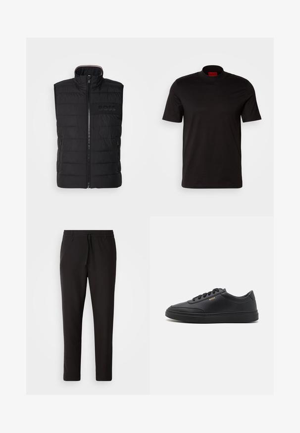 Chaleco sin mangas negro con textura acolchada, cuello alto y cremallera frontal. Presenta un sutil logo "BOSS" a tono en el pecho y bolsillos laterales.; Camiseta negra de manga corta con un diseño de cuello alto. Fabricada con un tejido suave. Presenta una etiqueta de marca roja en el interior del cuello.; Pantalones de chándal negros de tejido suave. Cuentan con una cintura elástica con cordón, piernas ajustadas y sin bolsillos visibles. Diseño sencillo.; Zapatillas de cuero negro con una textura suave, punta redondeada, suela plana de goma y cordones a tono. Presentan el logotipo dorado "BOSS" en el lateral.