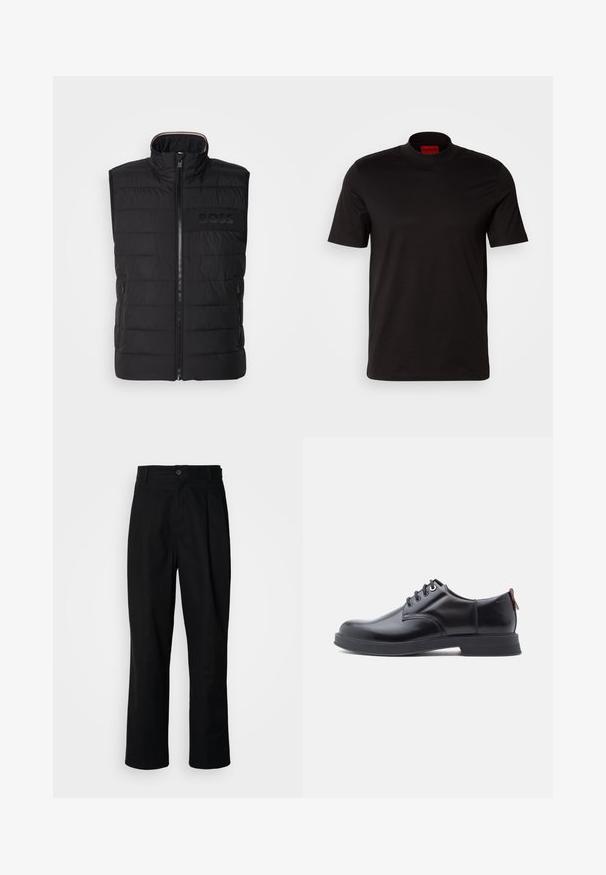 Schwarze ärmellose Weste mit gestepptem Muster, hohem Kragen und Frontreißverschluss. Verfügt über ein dezentes tonal "BOSS"-Logo auf der Brust sowie seitliche Taschen.; Schwarzes T-Shirt mit kurzen Ärmeln und hohem Kragen. Hergestellt aus glattem Stoff. Verfügt über ein rotes Markenlabel am inneren Kragen.; Schwarze gerade geschnittene Hosen mit einem Knopfverschluss, Gürtelschlaufen und Vorderfalten, vor einem schlichten weißen Hintergrund präsentiert.; Schwarze Leder-Schnürschuhe mit glatter Textur, rundem Zehenbereich und dezenten Ziernähten. Mit einem roten Laschenband an der Ferse.